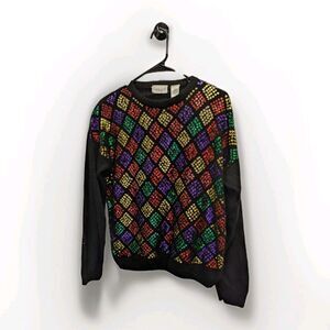 VTG 80s Carriage Court Sweater Women Sz M Black Colorful Sequin Argyle Pullover